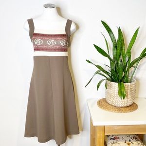 Vintage Brown Midi Dress with Cream and Mauve Trim